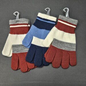 Youth Gloves Bundle Of 3 One Size Boys Red, Ivory, Grey, Striped, Blue Navy NWOT